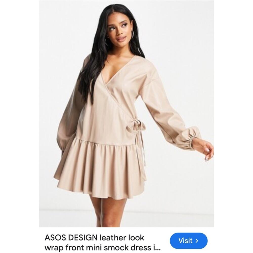Asos Faux Leather Beige Wrap Mini Smock Dress Size 6‎